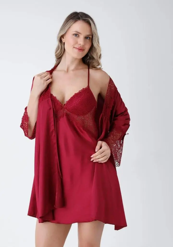 Crimson Desire – Turkish 6-Piece Satin Nightgown Set