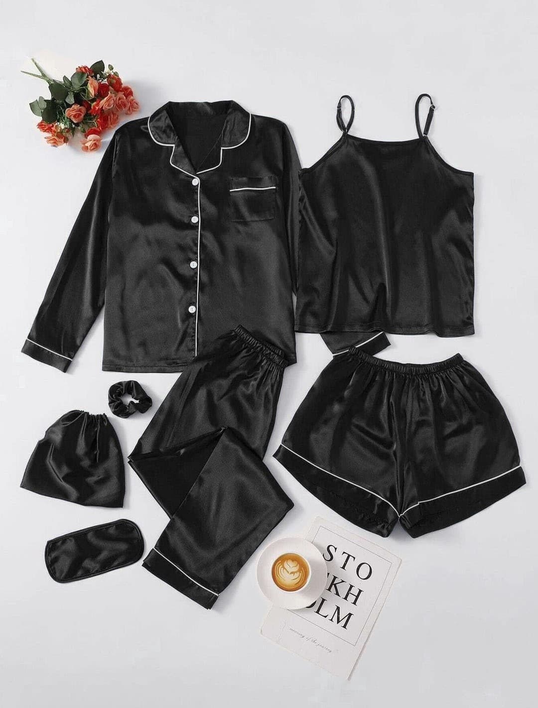 Luxury 7 Pcs Silk Piping Night Suit