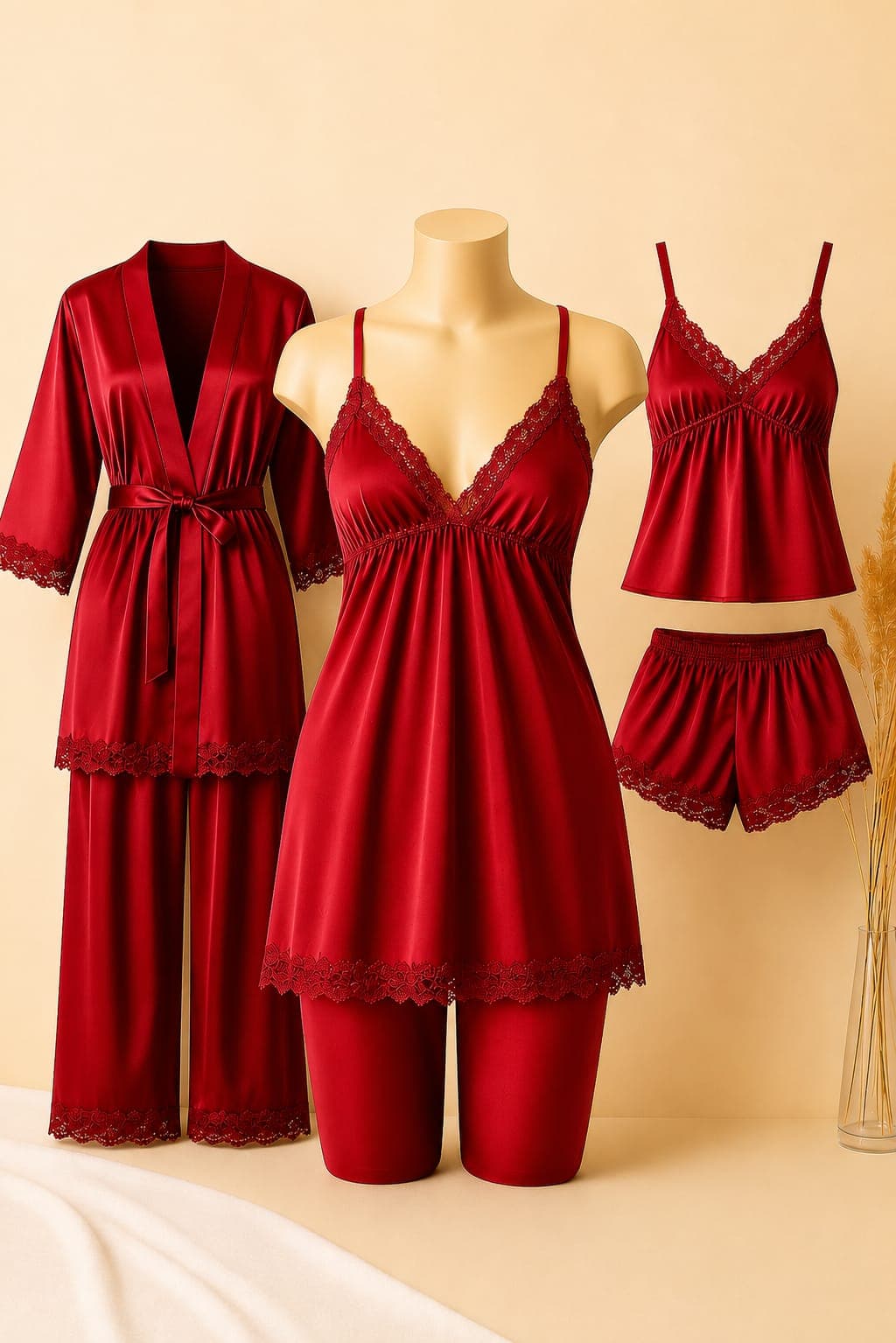 Premium 5 Pcs Satin Nightwear Set for Women 